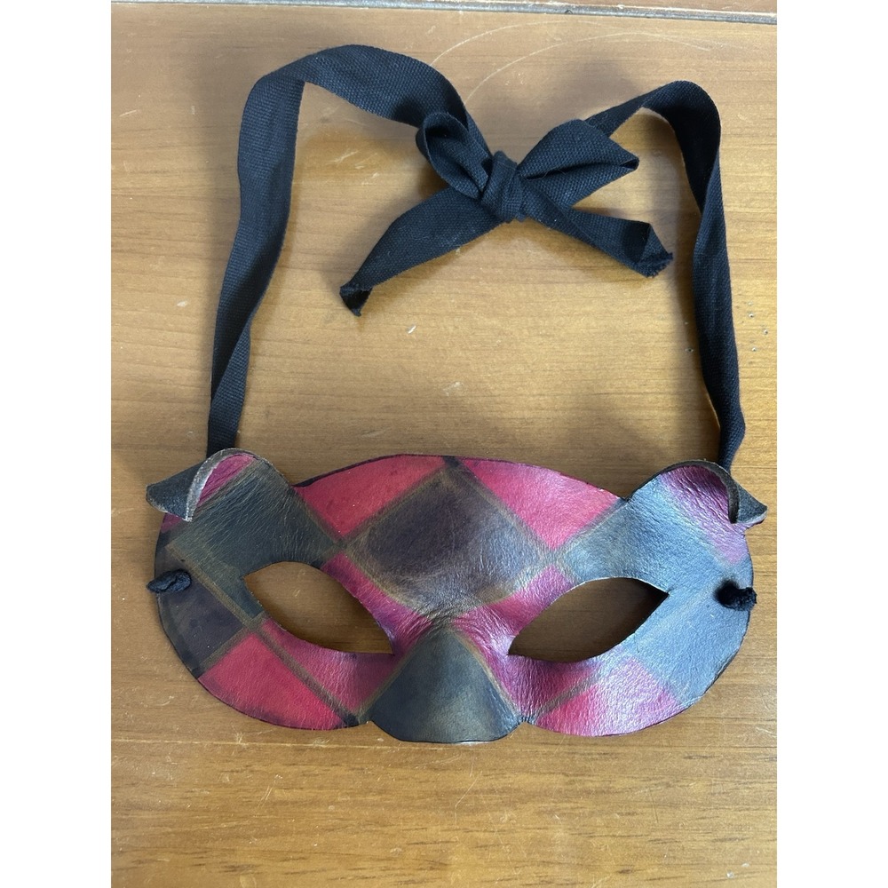 Vintage Ca Macana Venetian Mask Red Black Check Ribbon Tie LeatherHandmade Italy